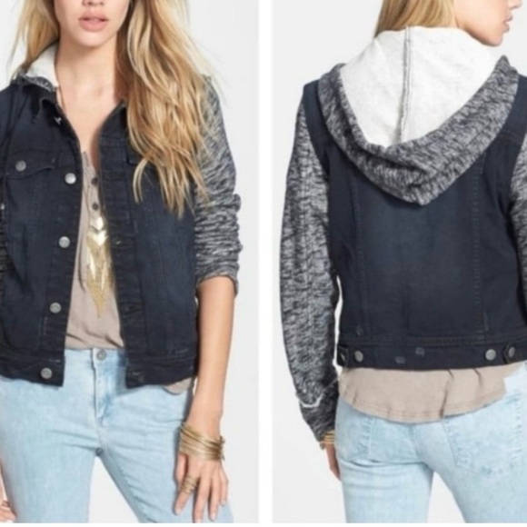 Free People Denim Knit Sleeve Hooded Distressed Jean Trucker Jacket - Picture 1 of 8